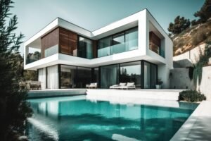 Design house - modern villa with open plan living and private bedroom wing. Large terrace with privacy and, swimming pool. Generative AI